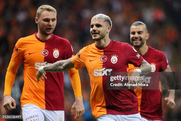 April 2: Mauro Icardi of Galatasaray celebrates after scoring his team's first goal during Turkish Super League match between Galatasaray and...