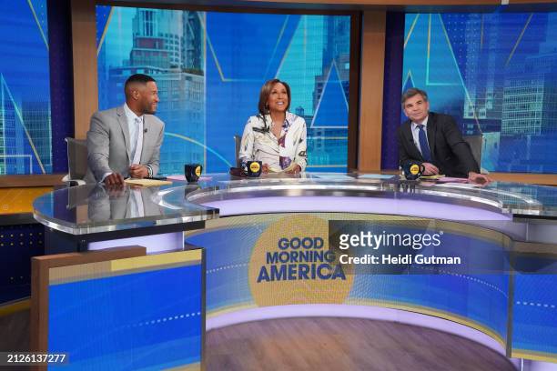 Show coverage of "Good Morning America" on 4/2/24 on ABC. MICHAEL STRAHAN, ROBIN ROBERTS, GEORGE STEPAHNOPOULOS