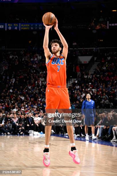 Chet Holmgren of the Oklahoma City Thunder shoots a three point basket during the game against the Philadelphia 76ers on April 2, 2024 at the Wells...