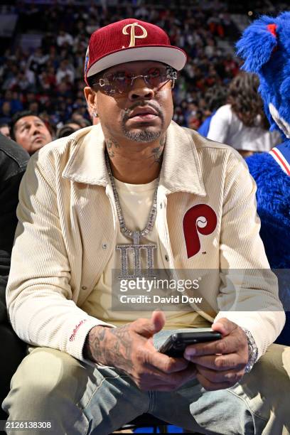 Allen Iverson attends the game between the Oklahoma City Thunder and the Philadelphia 76ers on April 2, 2024 at the Wells Fargo Center in...