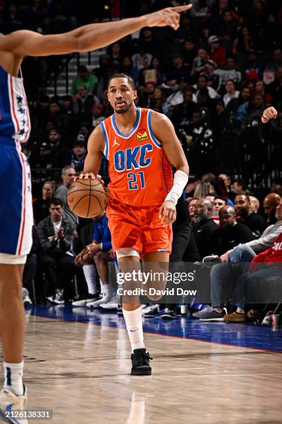 Aaron Wiggins of the Oklahoma City Thunder dribbles the ball during the game against the Philadelphia 76ers on April 2, 2024 at the Wells Fargo...