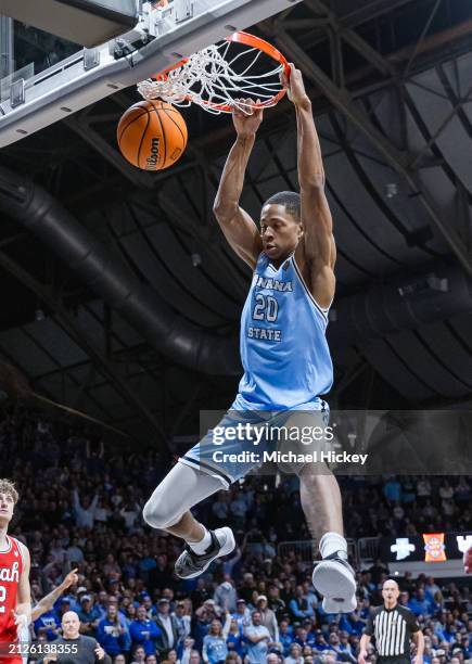 Jayson Kent of the Indiana State Sycamores dunks the ball during the second half against the Utah Utes in the NIT Semifinals at Hinkle Fieldhouse on...