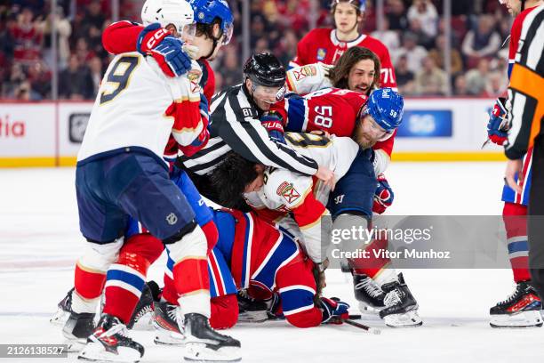 Scuffle erupts after the whistle during the third period of the NHL regular season game between the Montreal Canadiens and the Florida Panthers at...