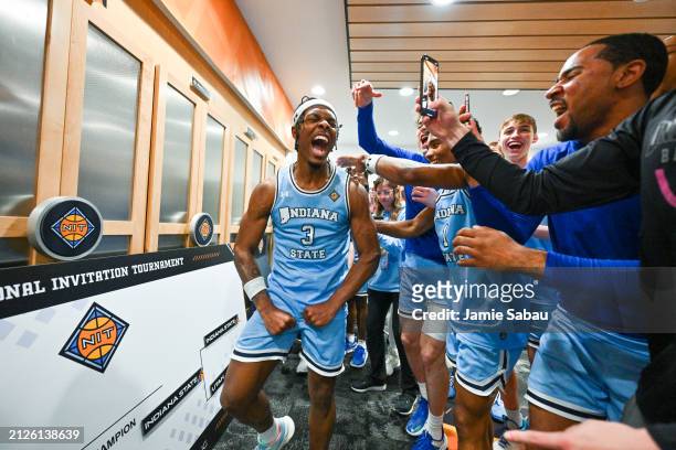 Ryan Conwell of the Indiana State Sycamores reacts after moving the team's name to the championship round of the bracket after the team defeated the...