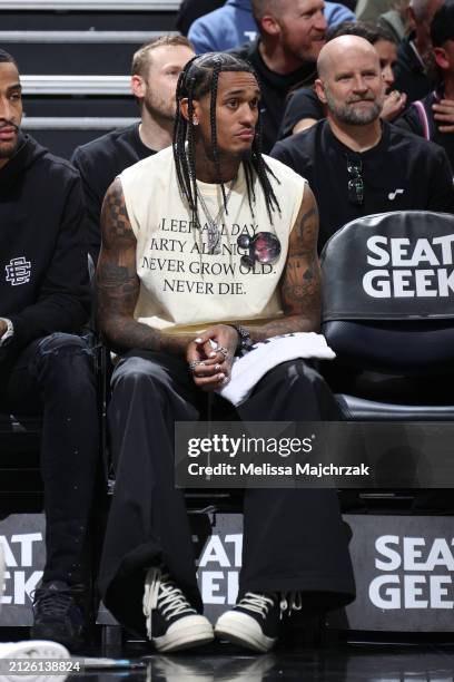 Jordan Clarkson of the Utah Jazz looks on during the game against the Cleveland Cavaliers on April 2, 2024 at Delta Center in Salt Lake City, Utah....