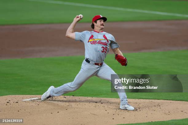 Miles Mikolas of the St. Louis Cardinals throws to the plate in the first inning during a game against the San Diego Padres at Petco Park on April 2,...