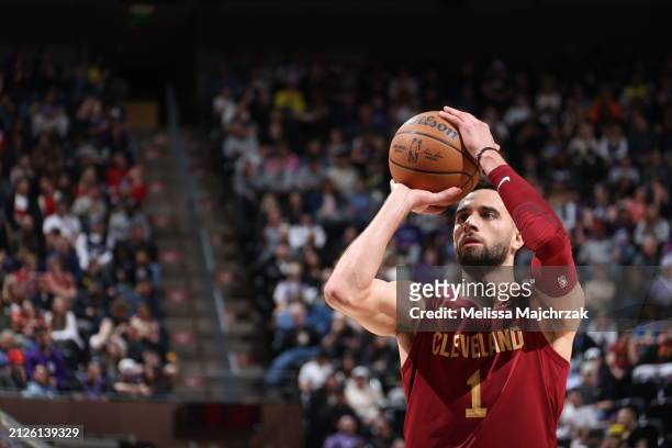 Max Strus of the Cleveland Cavaliers shoots a free throw during the game against the Utah Jazz on April 2, 2024 at Delta Center in Salt Lake City,...