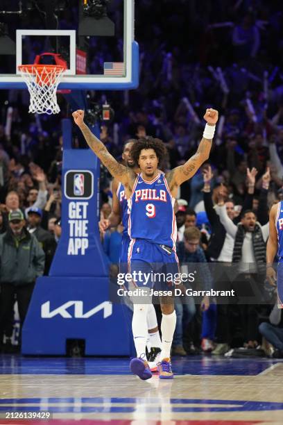 Kelly Oubre Jr. #9 of the Philadelphia 76ers celebrates during the game against the Oklahoma City Thunder on April 2, 2024 at the Wells Fargo Center...