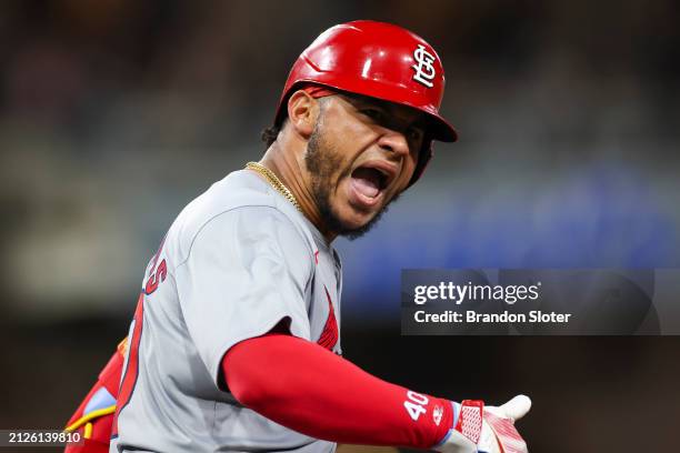 Willson Contreras of the St. Louis Cardinals rounds the bases after hitting a two-run home run in the sixth inning during a game against the San...