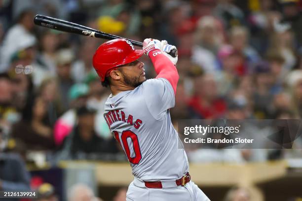 Willson Contreras of the St. Louis Cardinals hits a two-run home run in the sixth inning during a game against the San Diego Padres at Petco Park on...