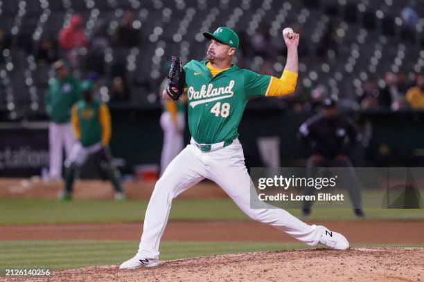 McFarland of the Oakland Athletics pitches during the seventh inning against the Boston Red Sox at Oakland Coliseum on April 02, 2024 in Oakland,...