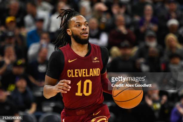 Darius Garland of the Cleveland Cavaliers in action during the second half of a game against the Utah Jazz at Delta Center on April 02, 2024 in Salt...