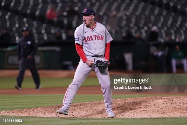 Josh Winckowski of the Boston Red Sox celebrates beating the Oakland Athletics in extra innings at Oakland Coliseum on April 02, 2024 in Oakland,...