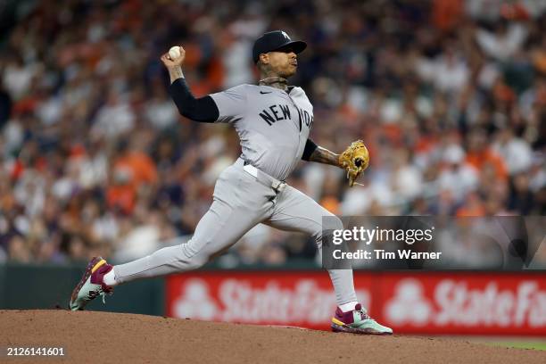 Marcus Stroman of the New York Yankees pitches in the first inning against the Houston Astros at Minute Maid Park on March 30, 2024 in Houston, Texas.