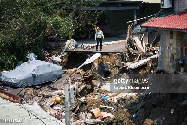 Damaged houses and road following an earthquake in New Taipei City, Taiwan, on Wednesday, April 3, 2024. Taiwan has been hit by the strongest...