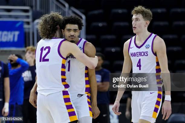 Elijah Hazekamp and Kyreese Willingham of the Minnesota State Mavericks celebrate in the second half against the Nova Southeastern Sharks during the...