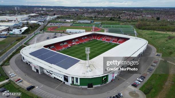 General view of Eco-Power Stadium is seen during the Sky Bet League 2 match between Doncaster Rovers and Wrexham at the Keepmoat Stadium in...