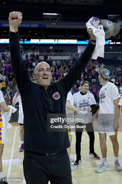 Head coach Matt Margenthaler of the Minnesota State Mavericks celebrates after beating the Nova Southeastern Sharks 88-85 during the NCAA Division II...