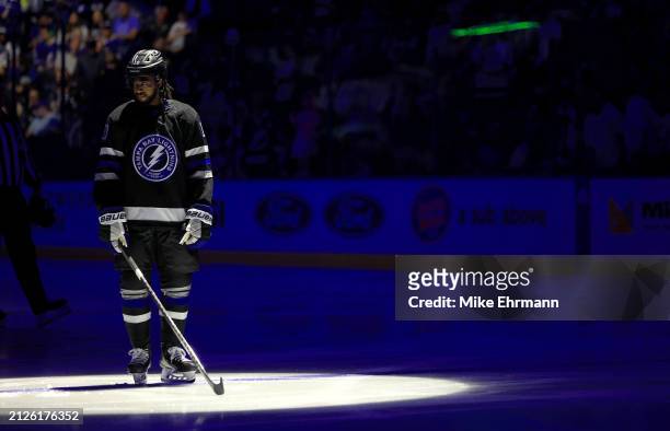 Anthony Duclair of the Tampa Bay Lightning warms up during a game against the New York Islanders at Amalie Arena on March 30, 2024 in Tampa, Florida.