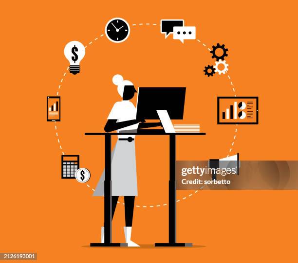ilustrações de stock, clip art, desenhos animados e ícones de standing office - businesswoman - investment - business woman desk stand
