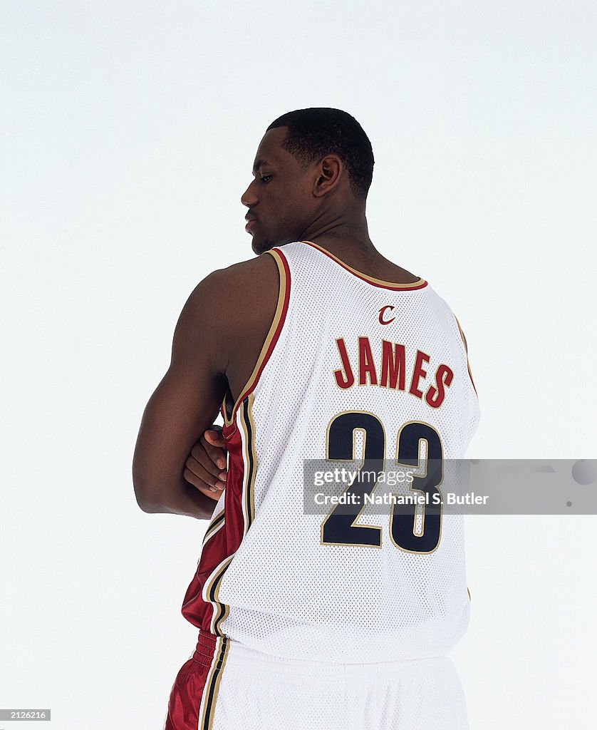 James LeBron James poses for a portrait prior to the draft in the white ...