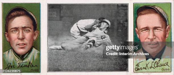 Color lithographic baseball card triptych with portraits of the National Leagues Chicago Cubs players, left to right, American shortstop Joseph...