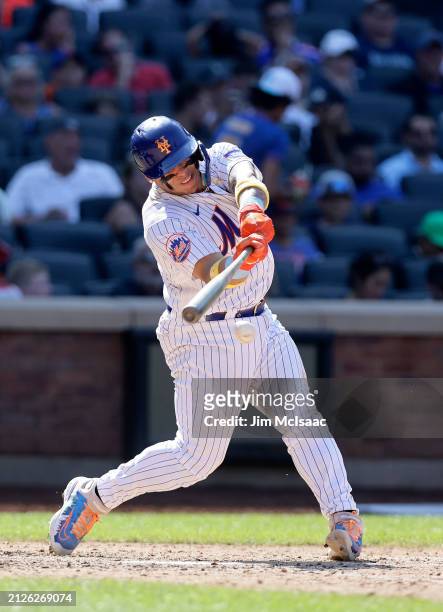 Francisco Alvarez of the New York Mets in action against the Seattle Mariners at Citi Field on September 03, 2023 in New York City. The Mets defeated...