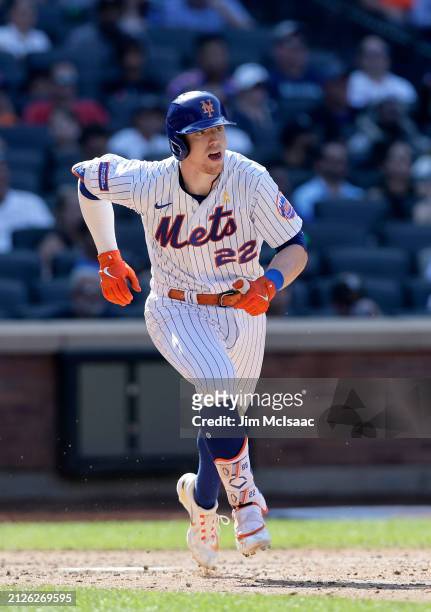 Brett Baty of the New York Mets in action against the Seattle Mariners at Citi Field on September 03, 2023 in New York City. The Mets defeated the...