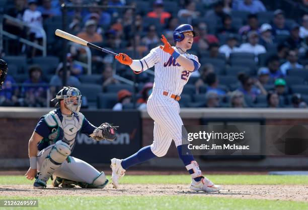 Brett Baty of the New York Mets in action against the Seattle Mariners at Citi Field on September 03, 2023 in New York City. The Mets defeated the...