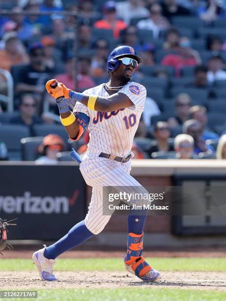 Ronny Mauricio of the New York Mets in action against the Seattle Mariners at Citi Field on September 03, 2023 in New York City. The Mets defeated...