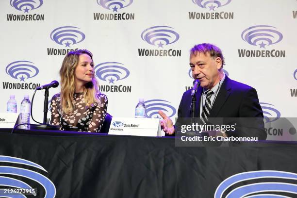 Jessica Rothe and Producer Sam Raimi seen at Roadside Attractions' "Boy Kills World" Film Panel at WonderCon at Anaheim Convention Center on March...