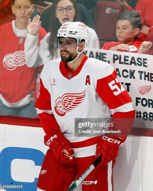 David Perron of the Detroit Red Wings warms up prior to thew game against the Florida Panthers at the Amerant Bank Arena on March 30, 2024 in...