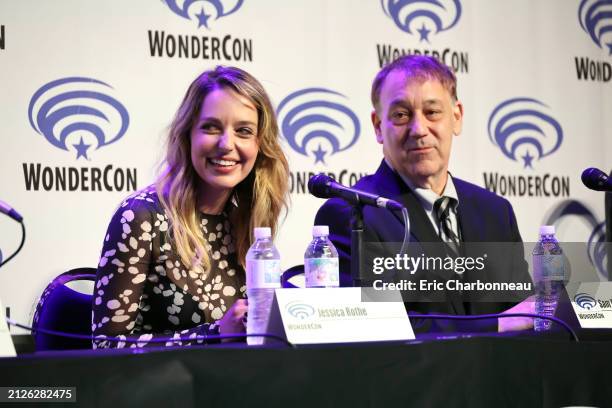 Jessica Rothe and Producer seen at Roadside Attractions' "Boy Kills World" Film Panel at WonderCon at Anaheim Convention Center on March 30, 2024 in...
