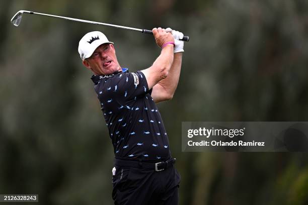 Alex Cejka of Germany plays his shot from the 17th tee during the second round of The Galleri Classic at Mission Hills Country Club on March 30, 2024...
