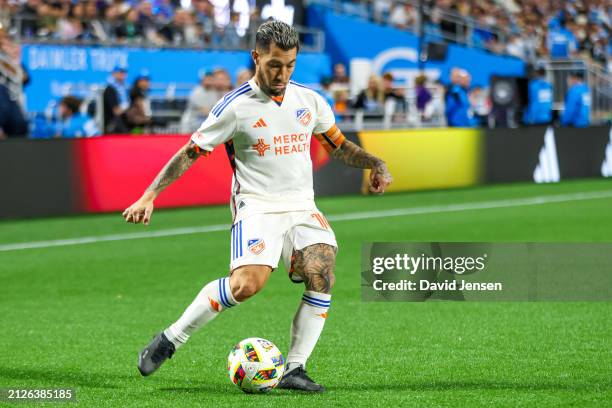 Luciano Acosta of FC Cincinnati controls the ball during the second half of a soccer match against the Charlotte FC at Bank of America Stadium on...