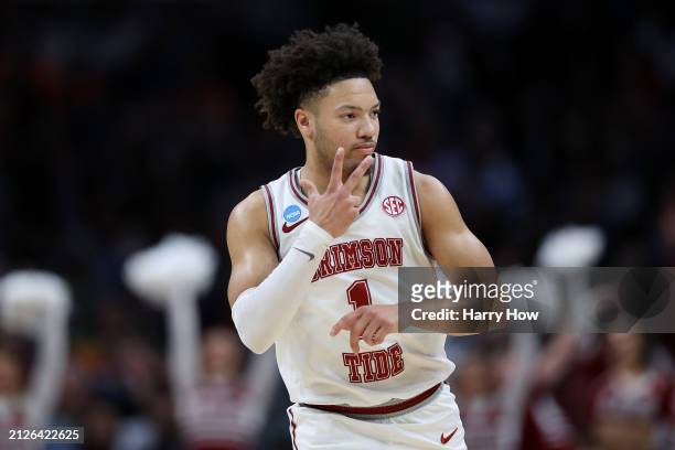 Mark Sears of the Alabama Crimson Tide celebrates after a three point basket during the second half against the Clemson Tigers in the Elite 8 round...