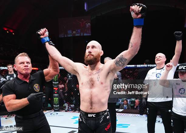Kyle Nelson of Canada reacts after his TKO victory against Bill Algeo in a featherweight bout during the UFC Fight Night event at Boardwalk Hall...