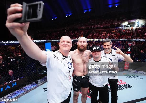 Kyle Nelson of Canada reacts after his TKO victory against Bill Algeo in a featherweight bout during the UFC Fight Night event at Boardwalk Hall...