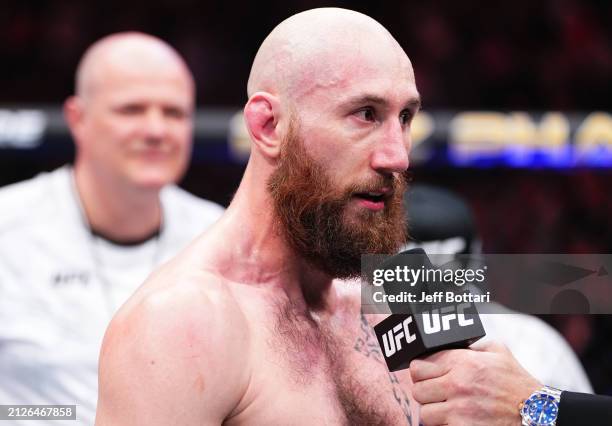 Kyle Nelson of Canada reacts after his TKO victory against Bill Algeo in a featherweight bout during the UFC Fight Night event at Boardwalk Hall...