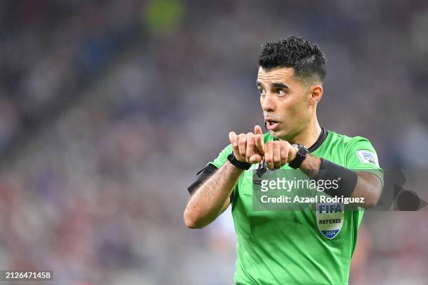 Referee Adonai Escobedo in action during the 13th round match between Monterrey and Chivas as part of the Torneo Clausura 2024 Liga MX at BBVA...