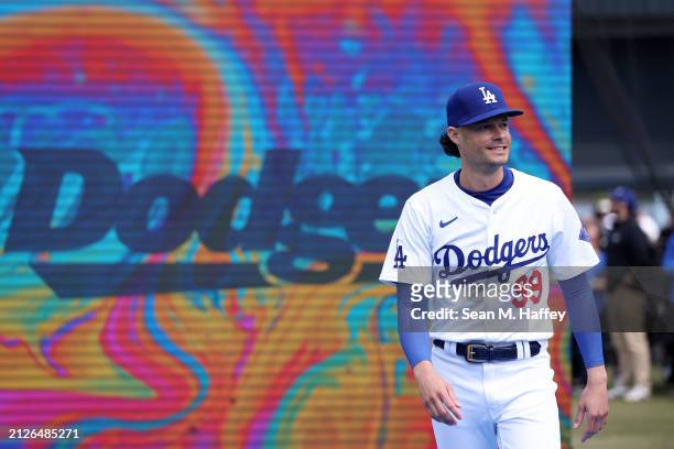 Joe Kelly of the Los Angeles Dodgers enters the stadium prior to a game against the St. Louis Cardinals at Dodger Stadium on March 28, 2024 in Los...