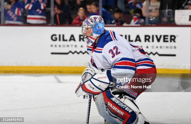 Jonathan Quick of the New York Rangers prepares for a game against the Arizona Coyotes at Mullett Arena on March 30, 2024 in Tempe, Arizona.