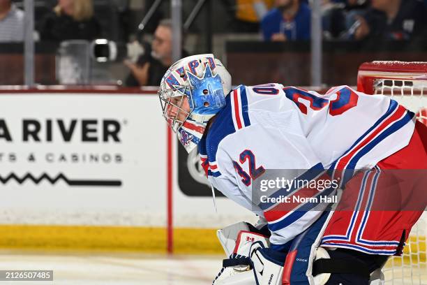 Jonathan Quick of the New York Rangers gets ready to make a save against the Arizona Coyotes at Mullett Arena on March 30, 2024 in Tempe, Arizona.