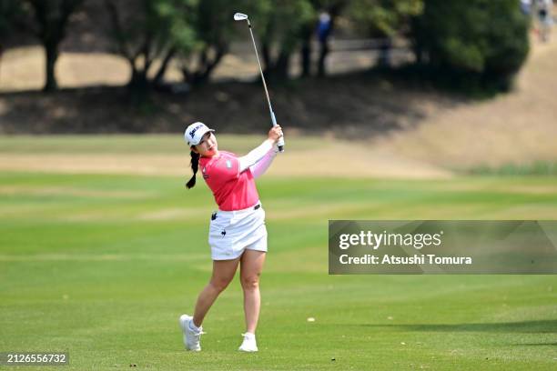 Sakura Koiwai of Japan hits her second shot on the 9th hole during the final round of YAMAHA Ladies Open Katsuragi at Katsuragi Golf Club Yamana...