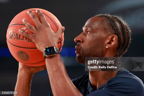 Ian Clark of United warms up during game five of the NBL Championship Grand Final Series between Melbourne United and Tasmania JackJumpers at John...