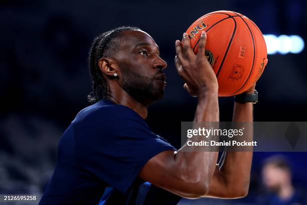 Ian Clark of United warms up ahead of game five of the NBL Championship Grand Final Series between Melbourne United and Tasmania JackJumpers at John...