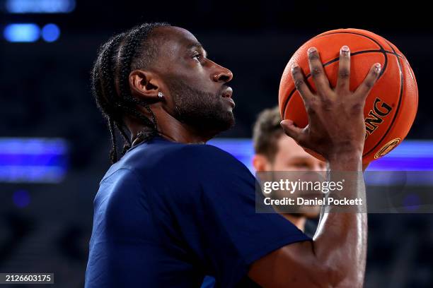 Ian Clark of United warms up ahead of game five of the NBL Championship Grand Final Series between Melbourne United and Tasmania JackJumpers at John...