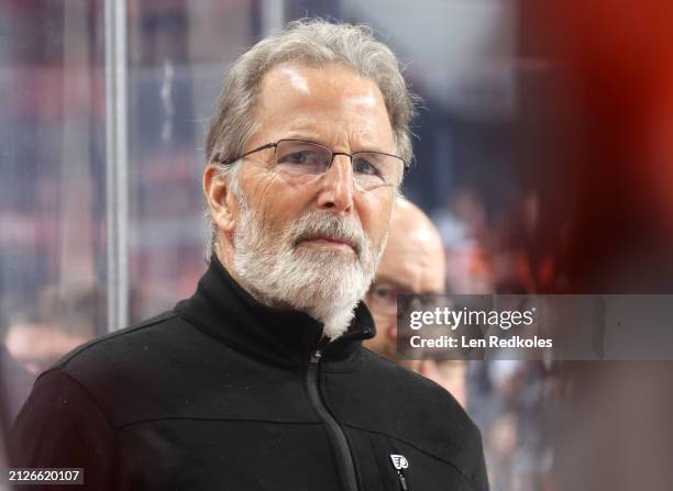 Head coach of the Philadelphia Flyers John Tortorella watches the play on the ice during the first period against the Chicago Blackhawks at the Wells...