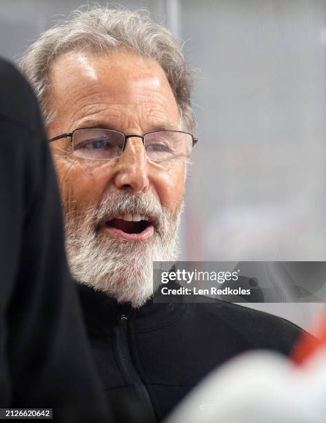Head coach of the Philadelphia Flyers John Tortorella reacts to the play on the ice during the first period against the Chicago Blackhawks at the...