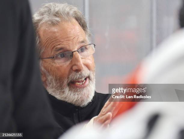 Head coach of the Philadelphia Flyers John Tortorella reacts to the play on the ice during the first period against the Chicago Blackhawks at the...